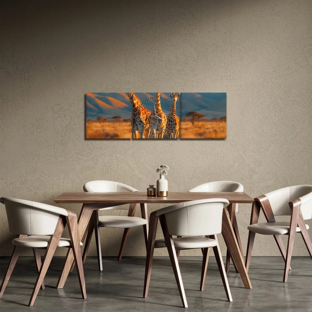 Obraz - Żyrafy na pastwisku (z zegarem) (90x30 cm)