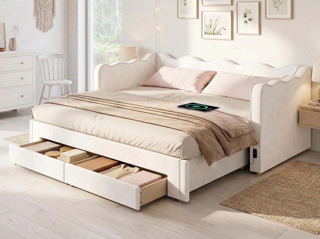 Sofa tapicerowana 90x200 cm - z wysuwanym łóżkiem i 2 szufladami - rozsuwana do 180 cm - port USB - welur - beżowy (bez materaca)