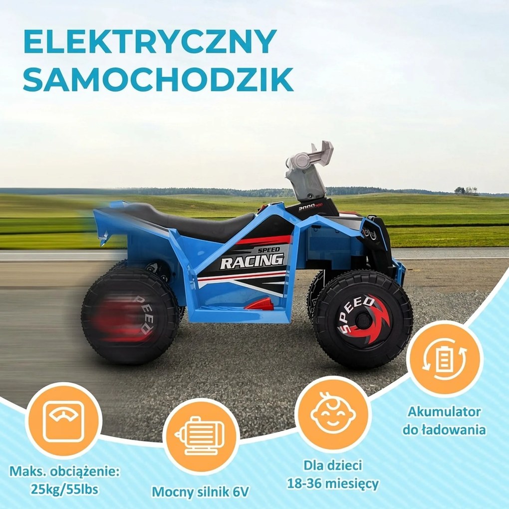 HOMCOM Elektryczny Quad dla Dzieci, 2,5 km/h, Jazda do Przodu & do Tyłu, dla 18-36 Miesięcy, Niebieski
