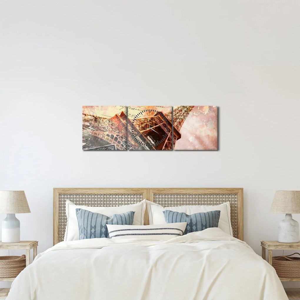 Obraz - Wieża Eiffla w stylu vintage (z zegarem) (90x30 cm)