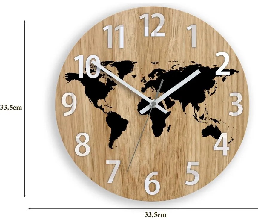 Zegar ścienny drewniany dębowy akrylowy mapa wood czarna cyfry 33cm