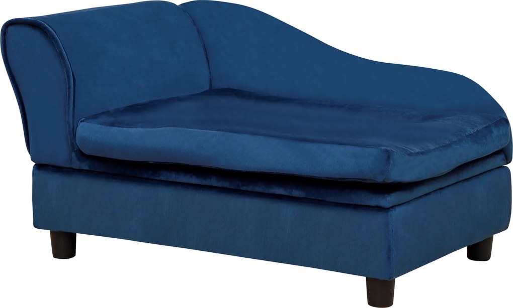 PawHut Sofa dla zwierząt ze schowkiem, miękką poduszką, nośność do 15 kg, pluszowe obicie, rama z twardego drewna, Niebieski | Aosom PL