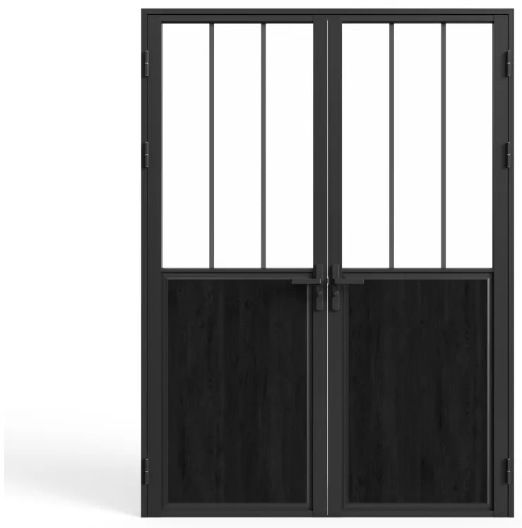 Drzwi kompletne 2-skrzydłowe dwustronne z aluminium i szkła hartowanego w stylu industrialnym - wys. 204 x szer. 146 cm - ERMELO