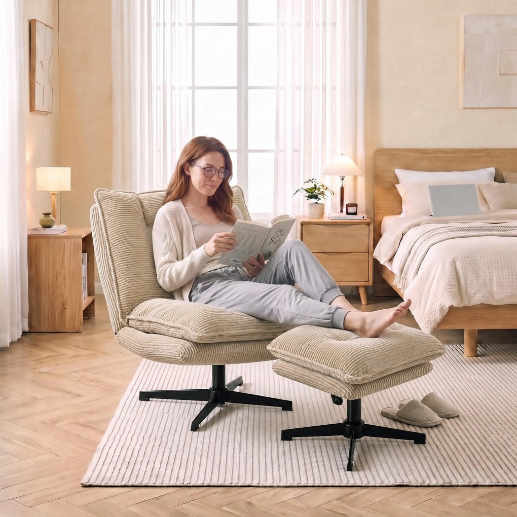 HOMCOM Fotel lounge z pufą, 360° obrotowy, tapicerka sztruksowa, regulowana podpórka pod stopy, beżowy | Aosom PL