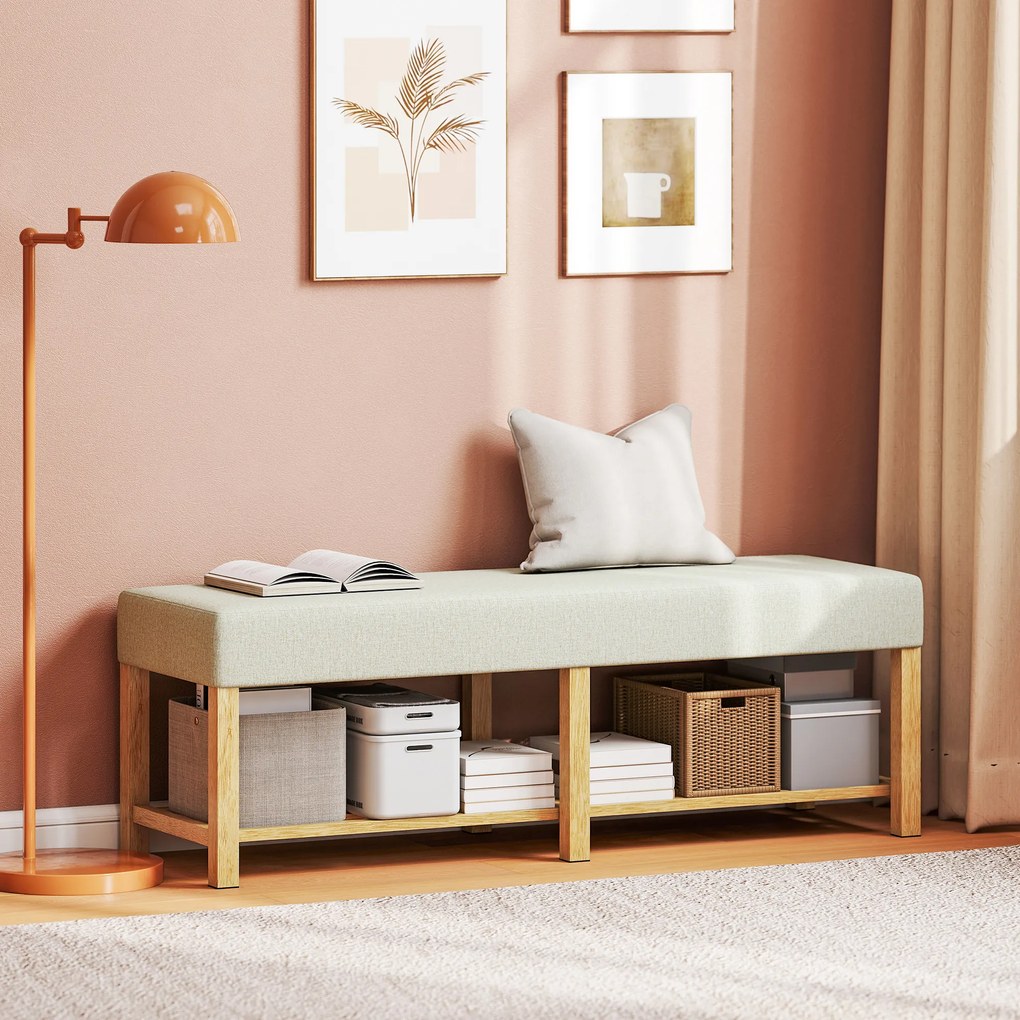 HOMCOM 140 cm Ławka na buty z drewna litego, nowoczesna ławka do przedpokoju z tapicerowanym siedziskiem dla dwóch osób, naturalne drewno i kremowy kolor | Aosom PL