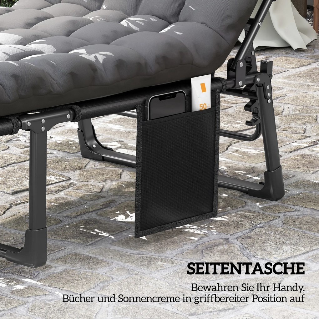 Outsunny Leżanka składana szeroka leżanka ogrodowa z 5-stopniowo regulowanym oparciem, wyściełaną matą, zagłówkiem, kieszenią boczną | Aosom PL