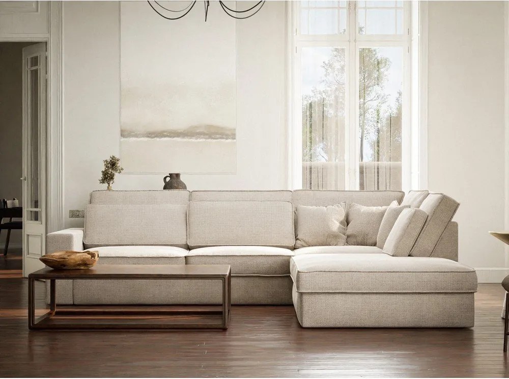 Kremowy narożnik z tkaniny szenilowej (prawostronny/w kształcie litery L) Kirou – Maison de Rêve