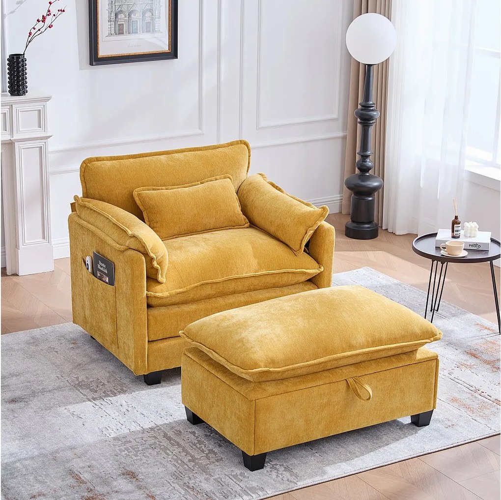 Żółta sofa z bocznymi kieszeniami i podnóżkiem ze schowkiem - szenil - do salonu i sypialni