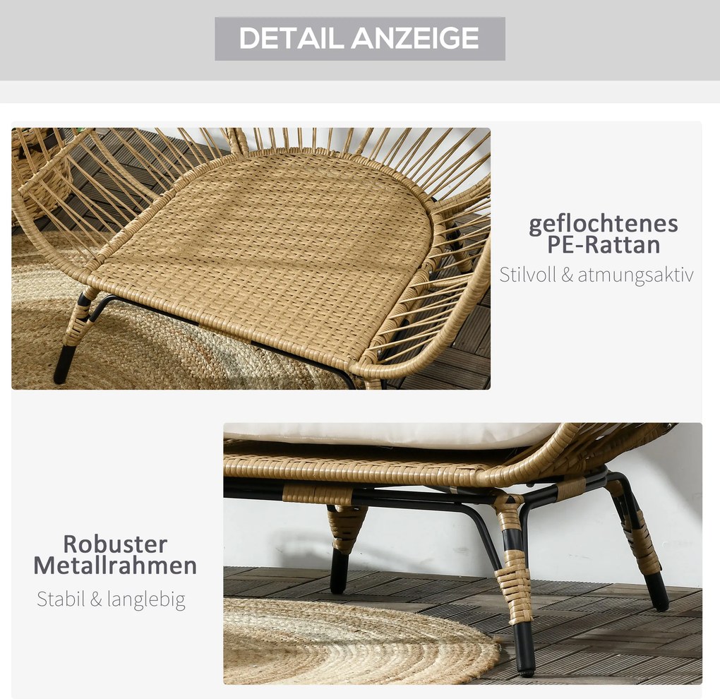 Outsunny Krzesło wiklinowe z efektem rattanu, miękkie poduszki siedziskowe, rama aluminiowa, khaki+beige, 105 x 97 x 150 cm