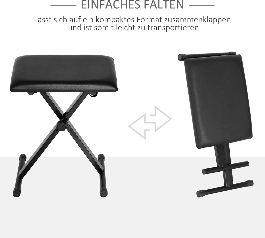 HOMCOM Stołek fortepianowy z regulacją wysokości Składany taboret do pianina Metal Sztuczna skóra Czarny 39 x 29 x 45–51 cm | Aosom PL