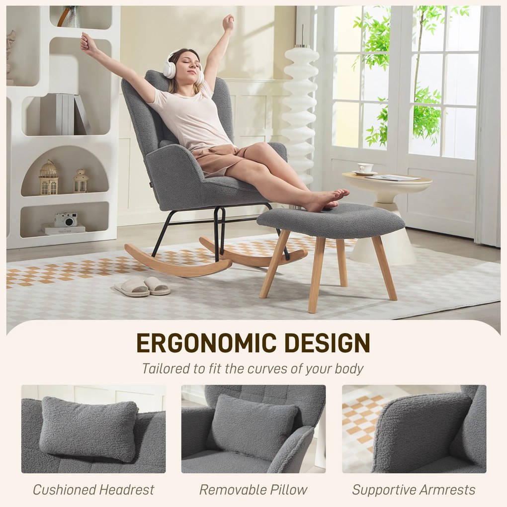HOMCOM Fotel bujany z podnóżkiem, miękkie pokrycie polarowe, drewniane nogi, poduszka, wysokie oparcie, fotel bujany, ciemnoszary