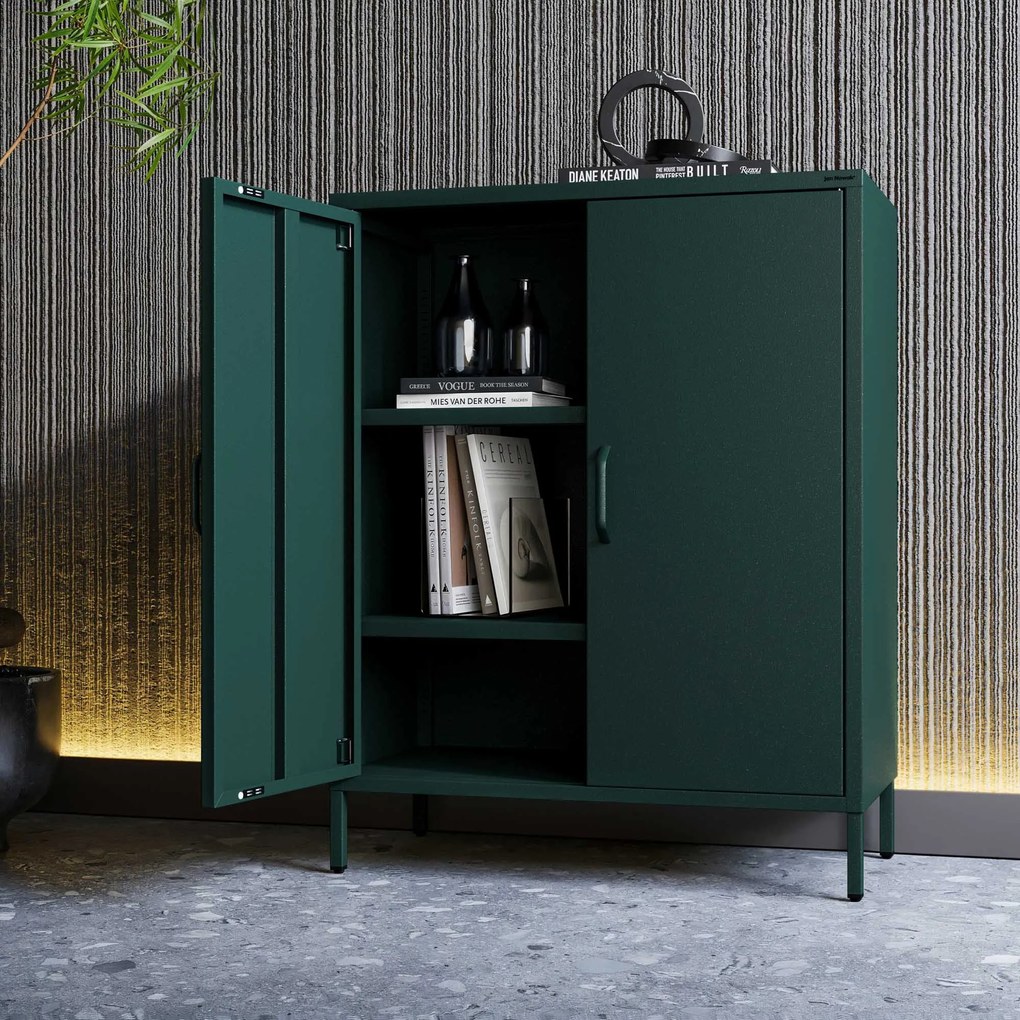 Szafka metalowa niska na nóżkach z półkami butelkowa zieleń, 800x1015x400 mm: VITO Modern