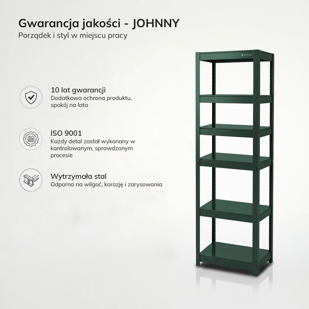 Wąski regał warsztatowy, metalowy Johnny, 45 x 42 x 180 cm, kolor zielony