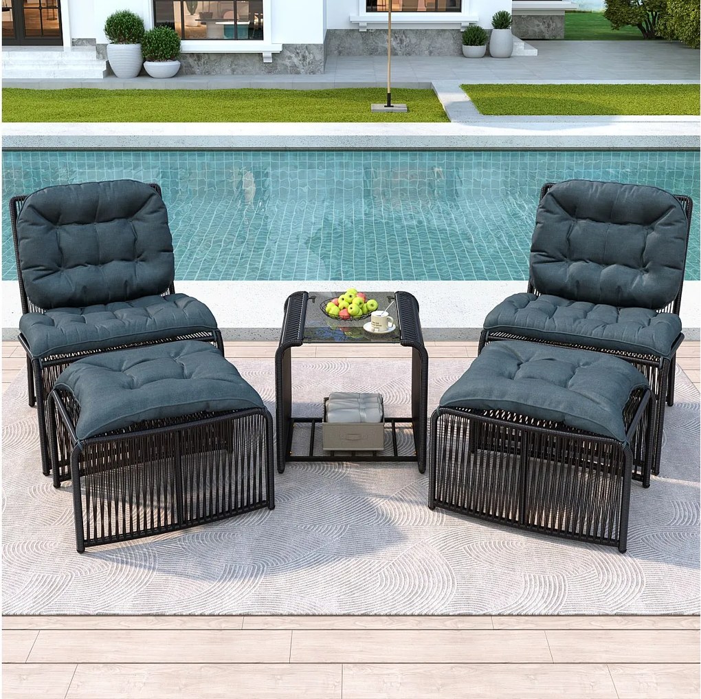 Zestaw mebli ogrodowych 5-częściowy - 1 stół + 2 krzesła + 2 stołki - wykonany z żelaza i rattanu PE - z poduszkami - szary + czarny