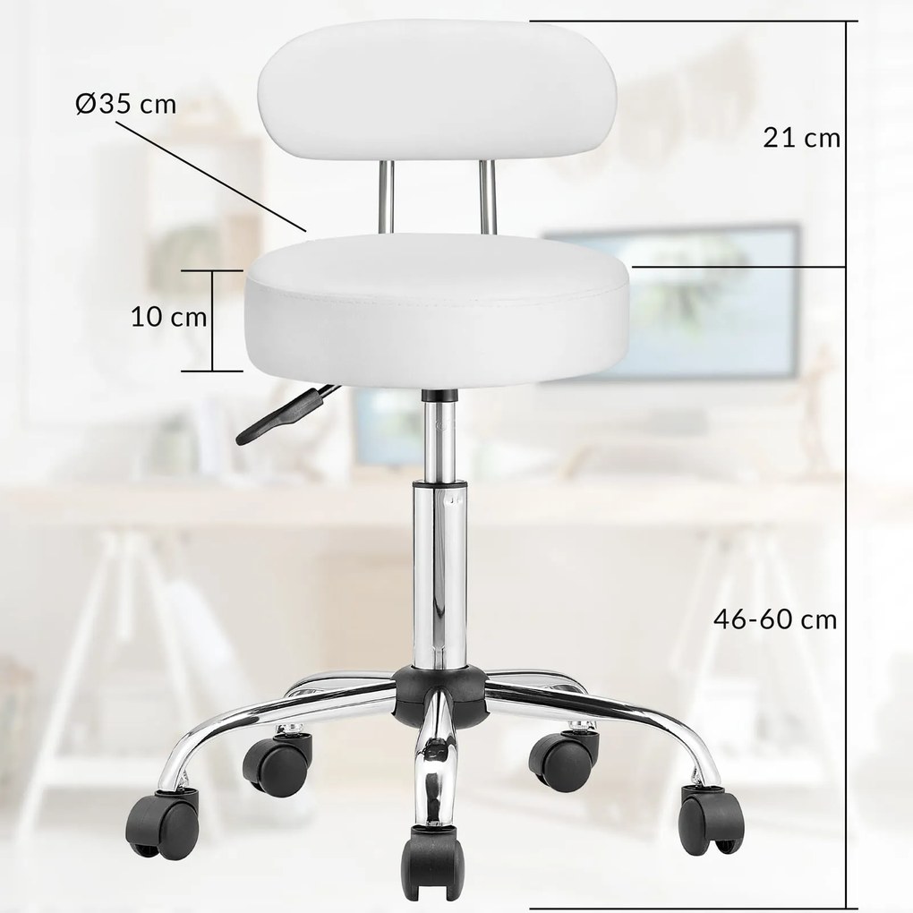 Taboretka na kółkach z oparciem ROLAND, Ø35cm, biała Casaria
