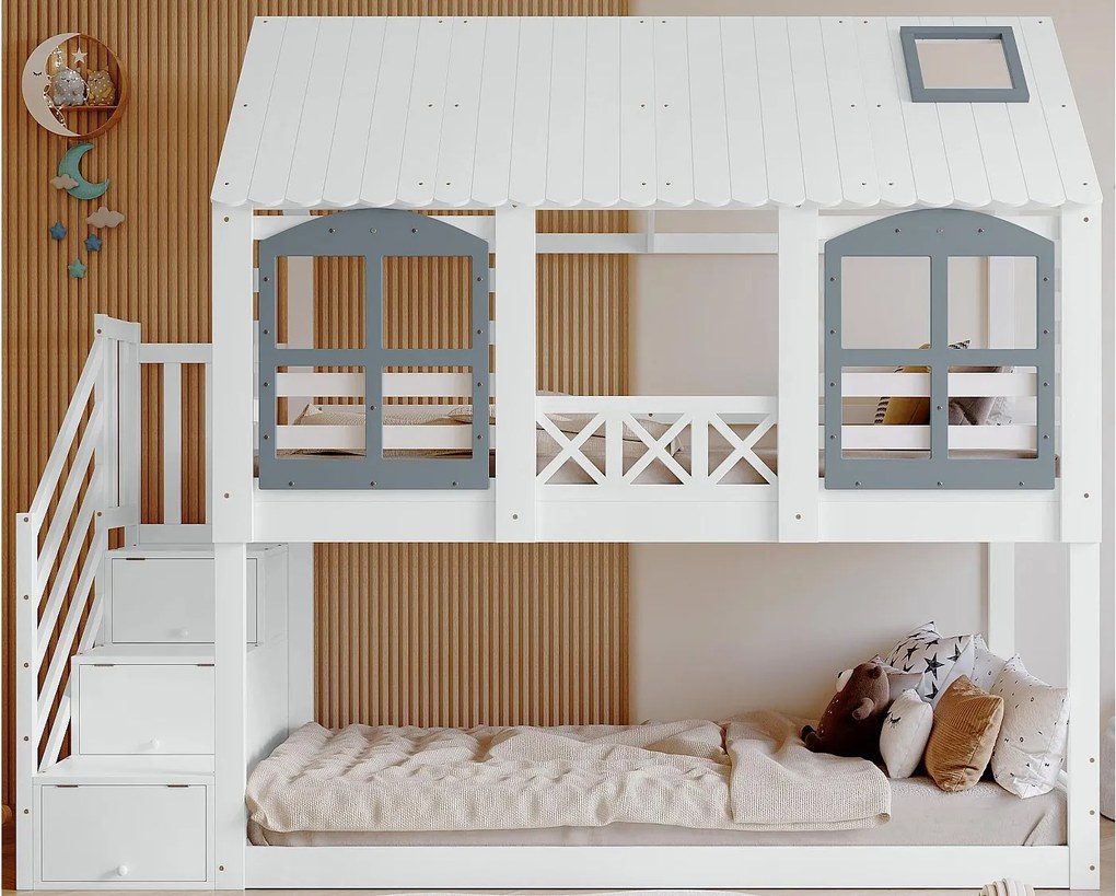 Łóżko piętrowe 90x200cm z drewna - z schodami do przechowywania - Białe