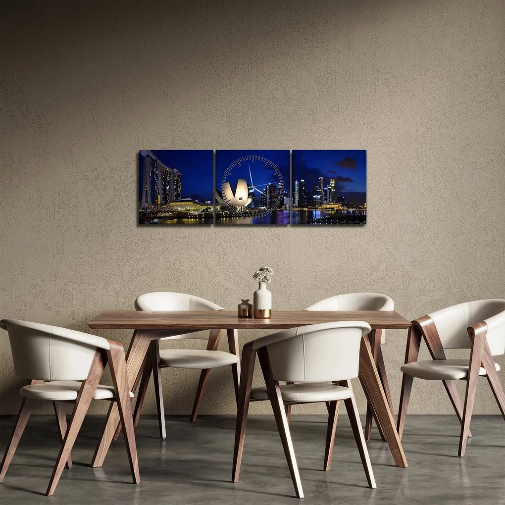 Obraz Singapuru nocą (z zegarem) (90x30 cm)