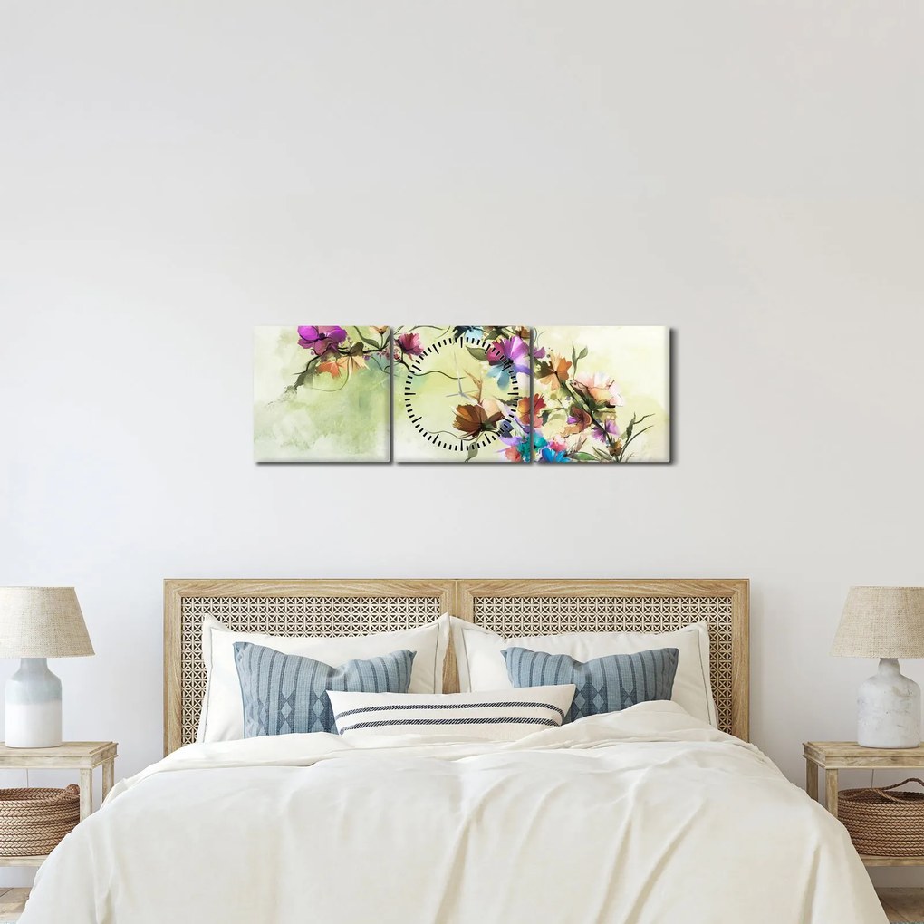 Obraz - malowidło pnącej się kwiaty (z zegarem) (90x30 cm)