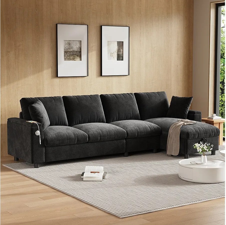 Sofa narożna 4-osobowa z 2 podłokietnikami i schowkiem + składany stolik kawowy z 2 uchwytami na kubki + port USB - tkanina szenilowa - szara