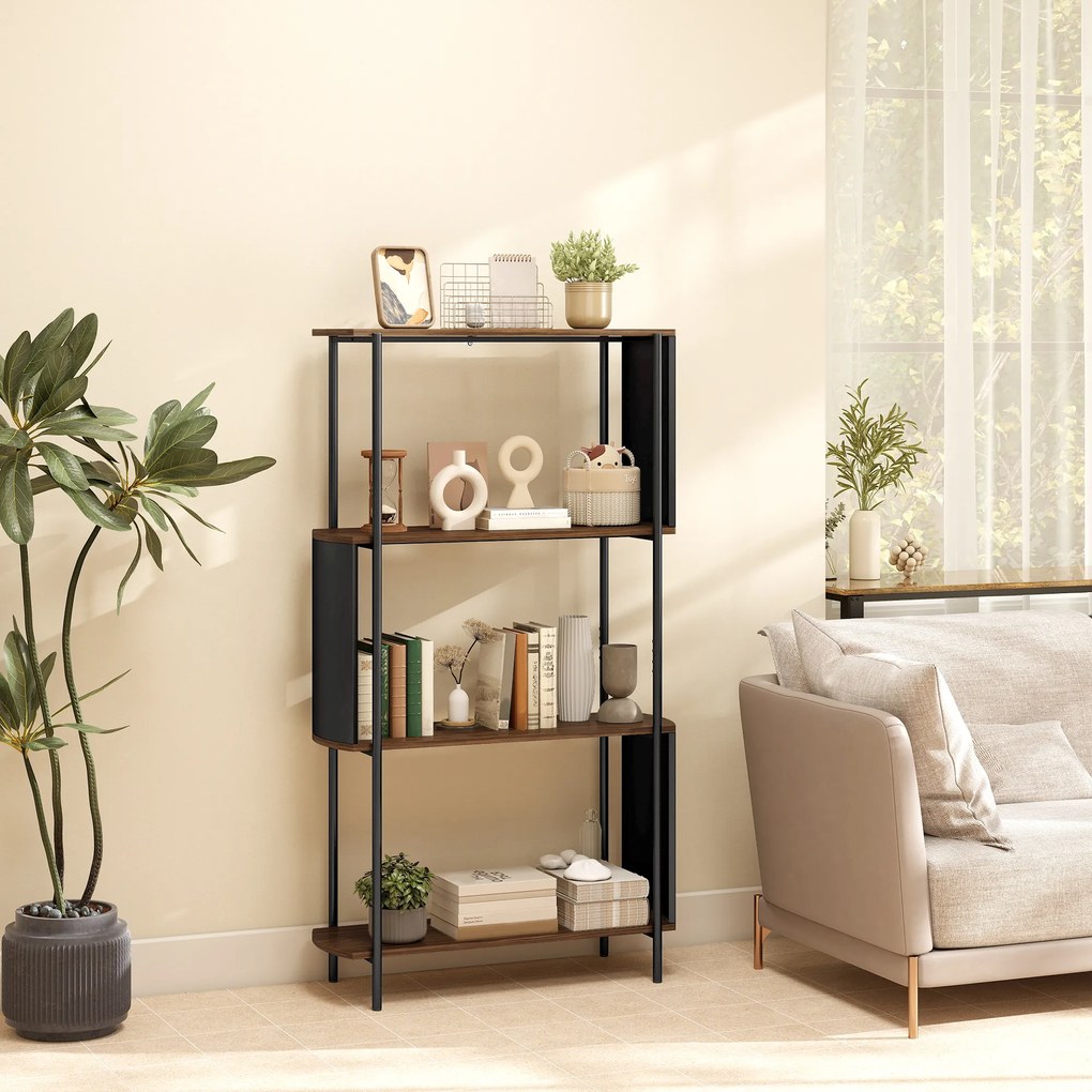 HOMCOM 4-poziomowy regał, stojący regał z zakrzywionym designem, industrialny regał książkowy, brązowy wygląd drewna | Aosom PL