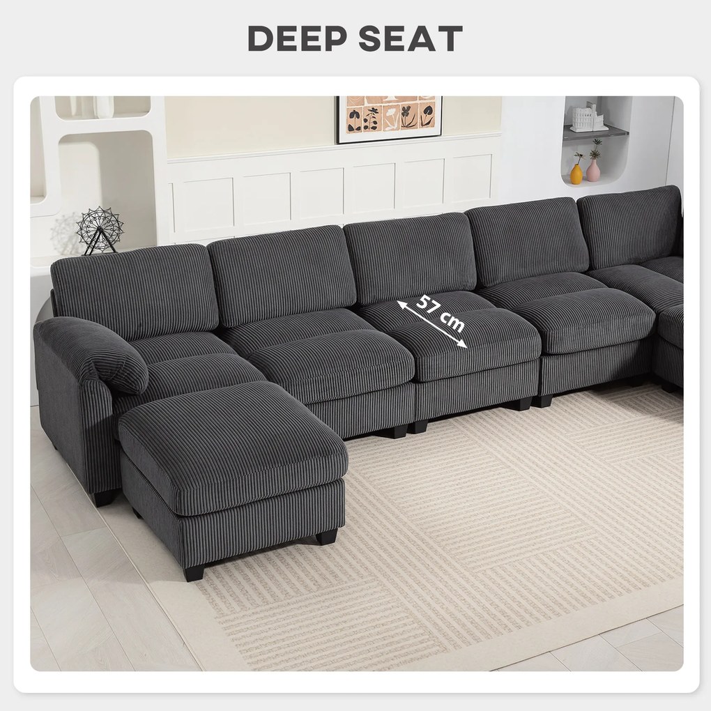 HOMCOM Narożna sofa w kształcie U, sofa z sprężynami kieszeniowymi, wyściełane podłokietniki, ruchomy szezlong, sztruks, 292x224x85 cm, ciemnoszary | Aosom PL