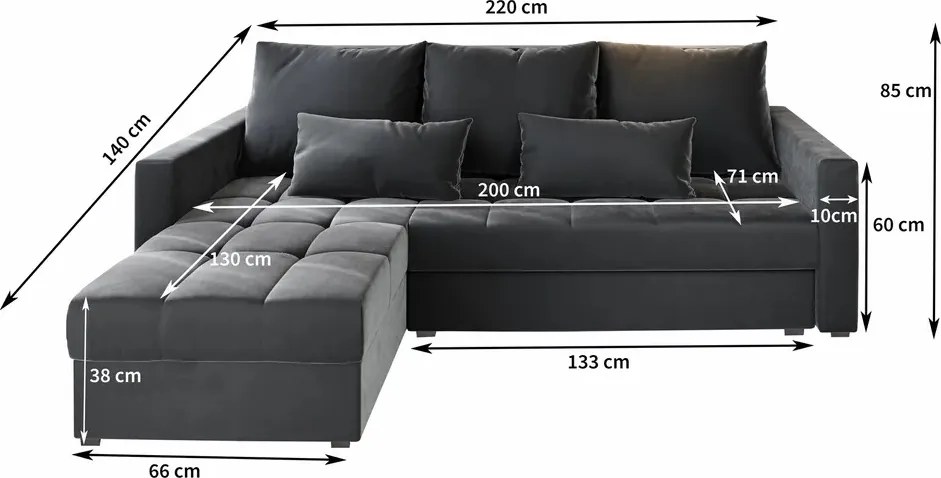 Ciemnoszara rozkładana narożna sofa ZENOVA 220x140 cm, dwustronna