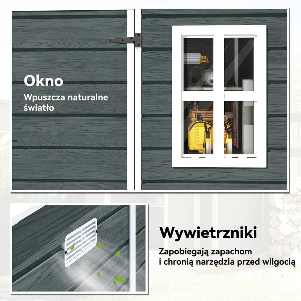 Outsunny Domek ogrodowy 2,89 m² z wyglądem drewna, 3 okna, wentylacja, podłoga, zamek, rękawice, 182 x 182 x 196 cm | Aosom PL