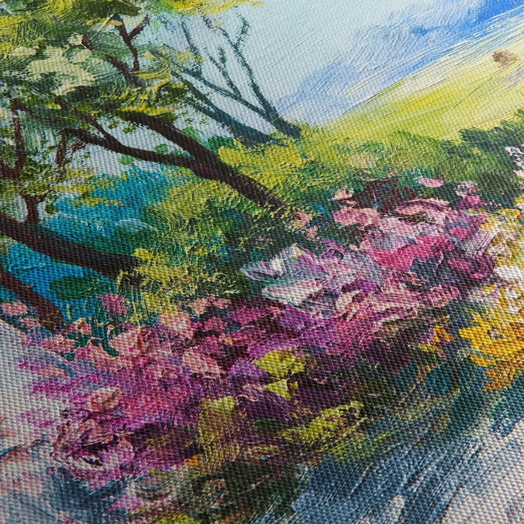 Obraz ogrodu przed domem, obraz olejny (z zegarem) (90x30 cm)
