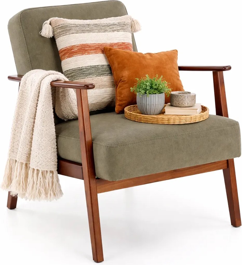 Oliwkowy fotel drewniany typu lisek w stylu vintage L3-P88