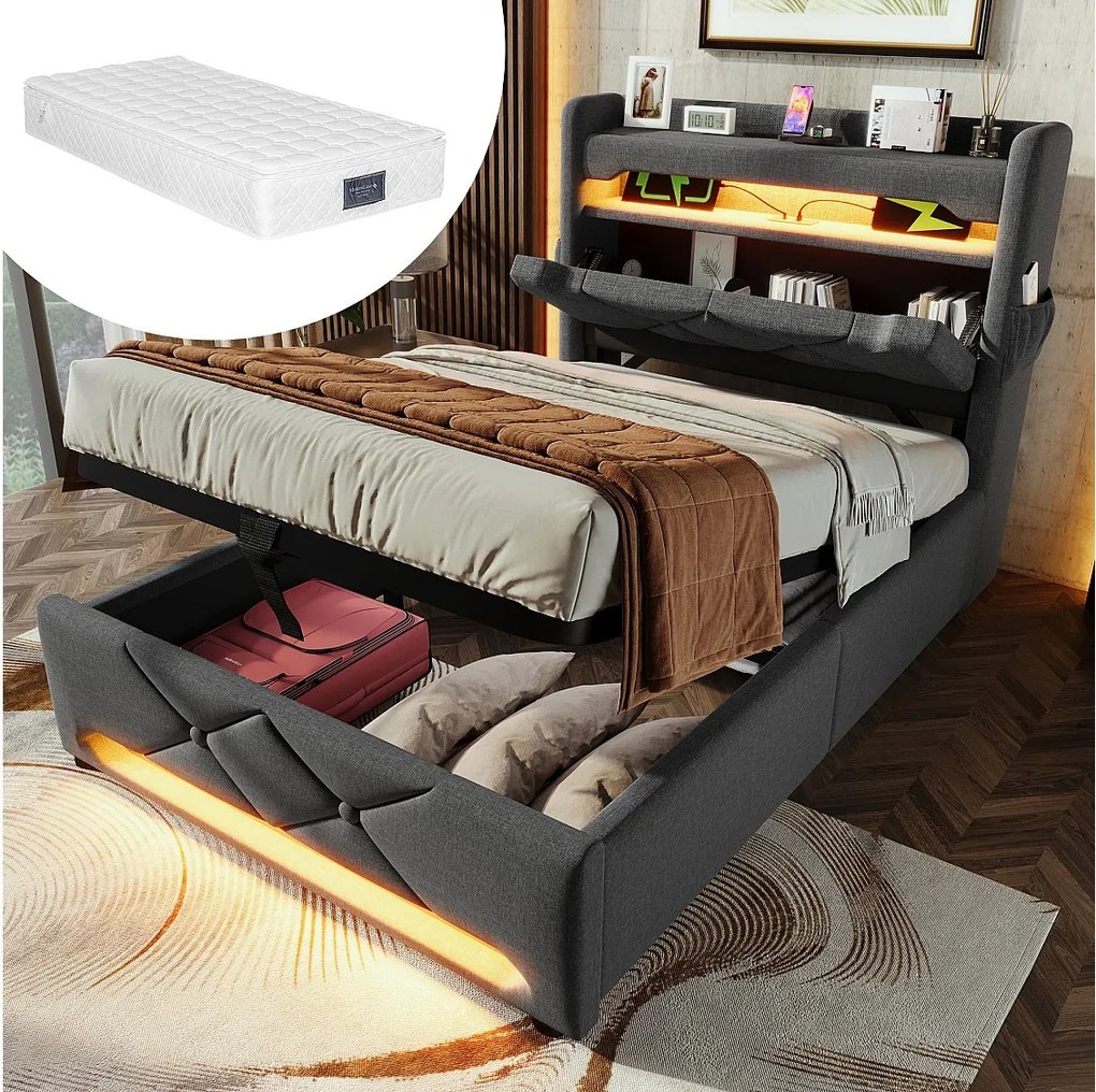 Łóżko tapicerowane ze schowkiem - 90 x 200 cm - zagłówek z USB + Type-C + LED - schowek hydrauliczny - z materacem - len - szary