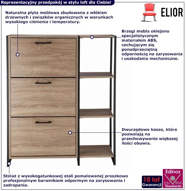 Trzydrzwiowa szafka na buty z regałem w stylu loft - Tamil 7X