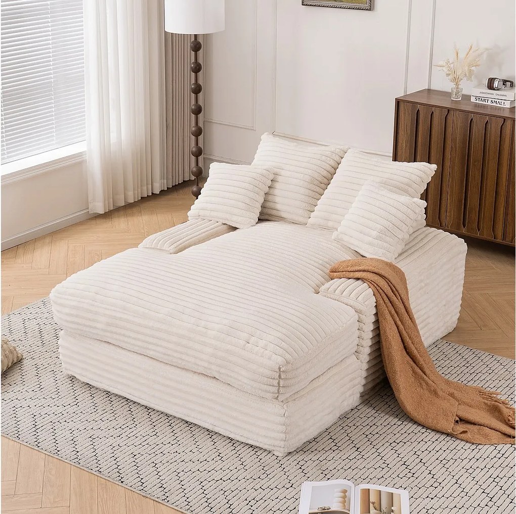 Sofa tapicerowana, beżowa sofa sztruksowa z oparciem i poduszkami - do salonu i sypialni