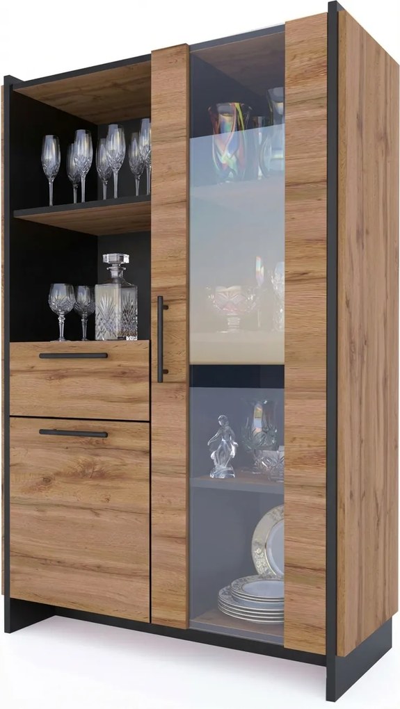 Niska witryna szklana z szufladą dąb wotan + czarny Z3-P25