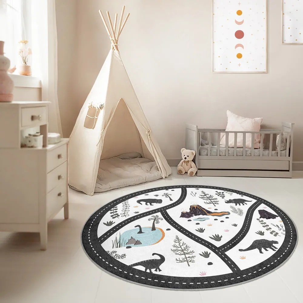 Czarno-biały dziecięcy dywan do zabawy odpowiedni do prania ø80 cm Dino Park – Mila Home