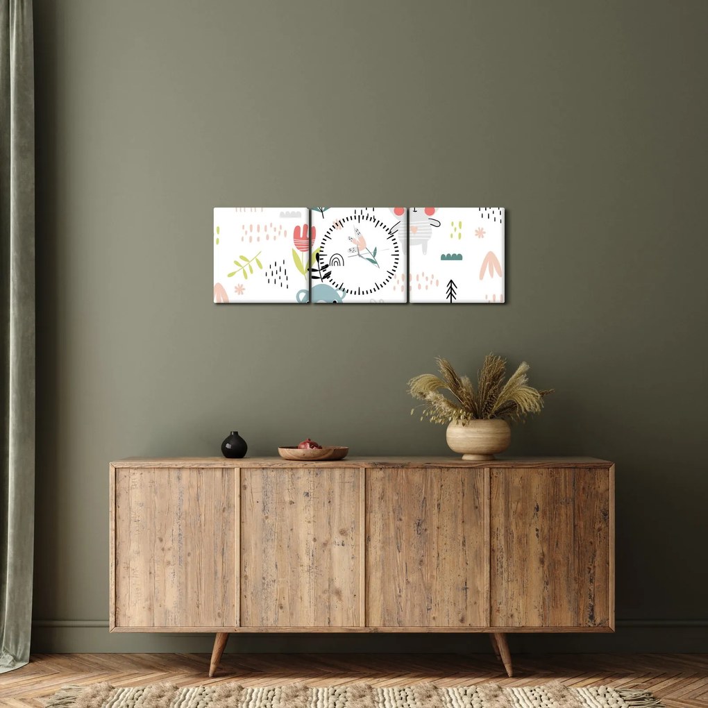 Obraz - Zwierzęta na łące (z zegarem) (90x30 cm)