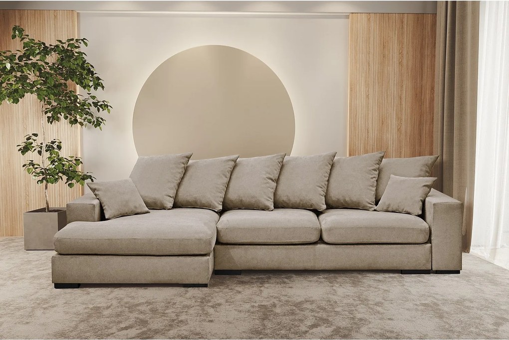 Narożnik z funkcją spania i pojemnikiem, Sofa w kształcie L Gabon L, tkanina Riviera, Beżowy, Lewy