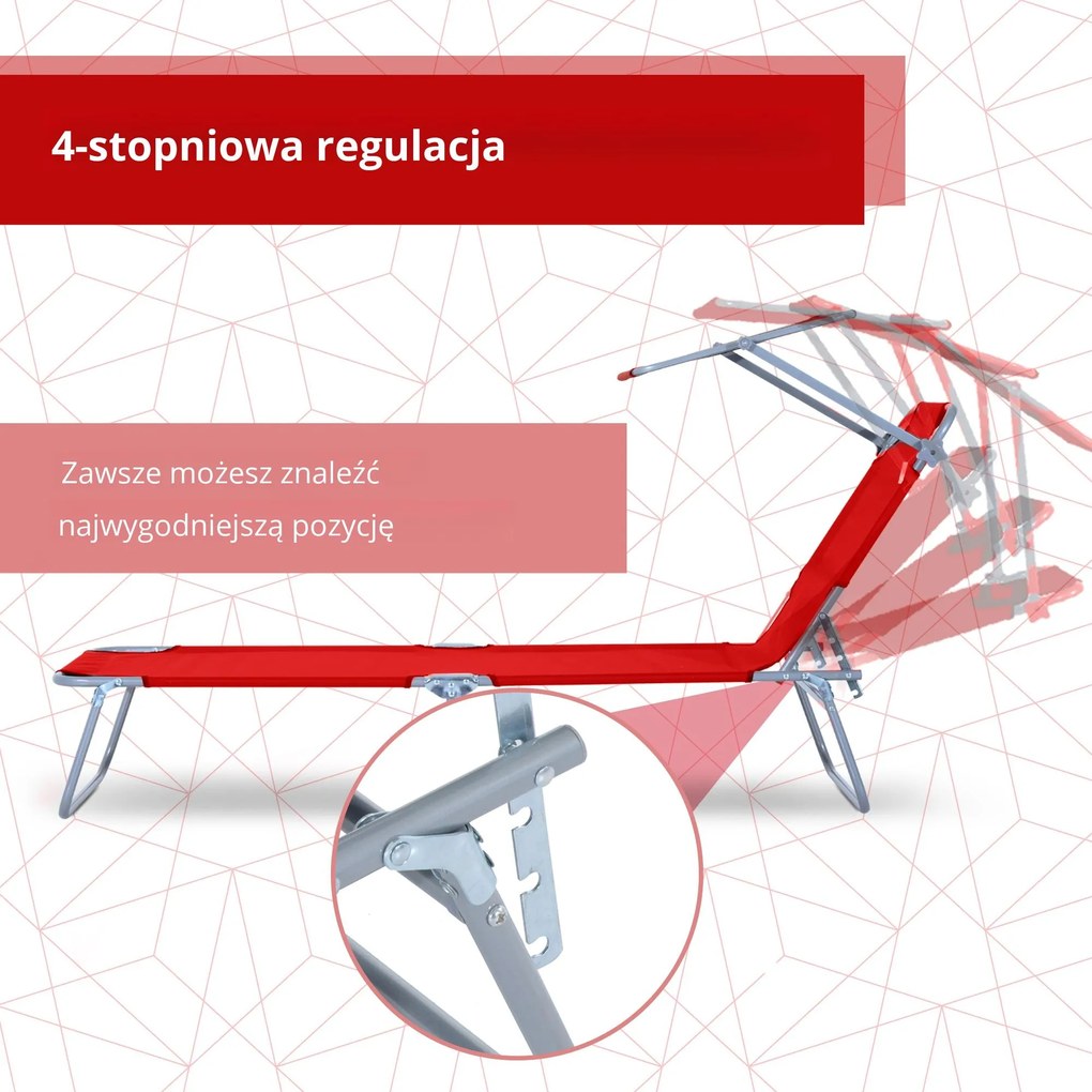 Outsunny Leżak ogrodowy składany z daszkiem przeciwsłonecznym na plażę czerwony | Aosom PL