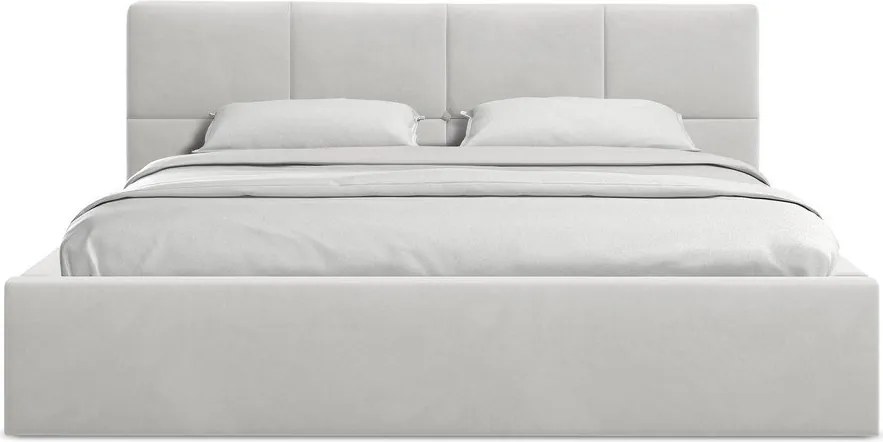 Jasnoszare aksamitne tapicerowane łóżko dwuosobowe ze schowkiem ze stelażem 140x200 cm Hiko – Makamii