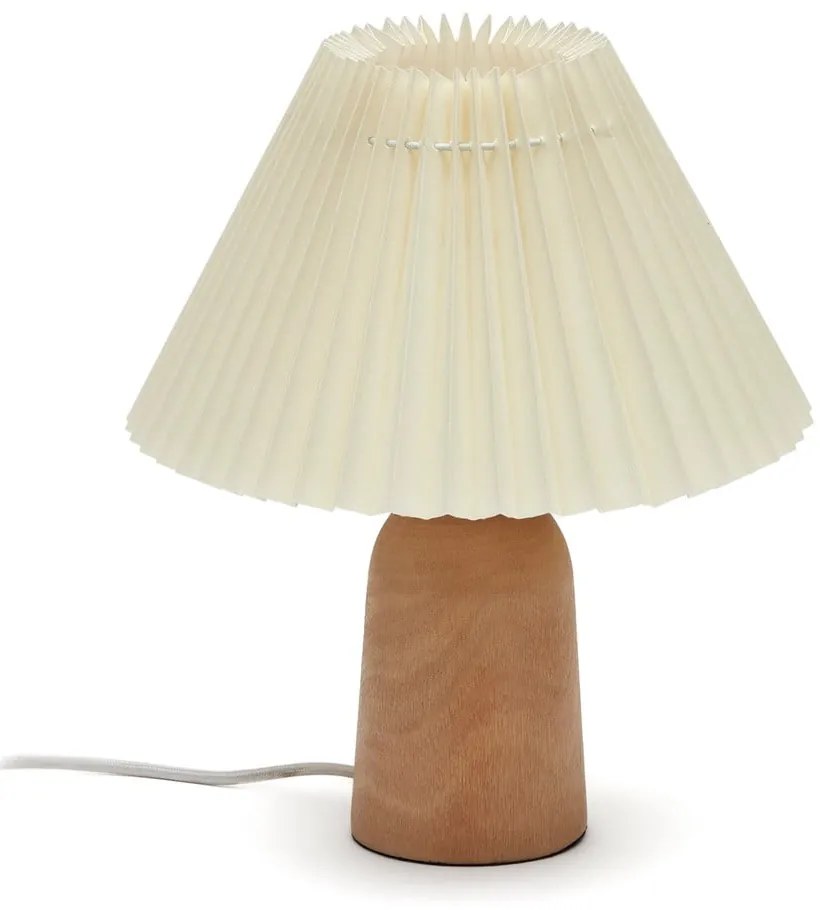 Beżowa/w naturalnym kolorze lampa stołowa z litego drewna kauczukowego z tekstylnym kloszem (wysokość 33 cm) Benicarlo – Kave Home