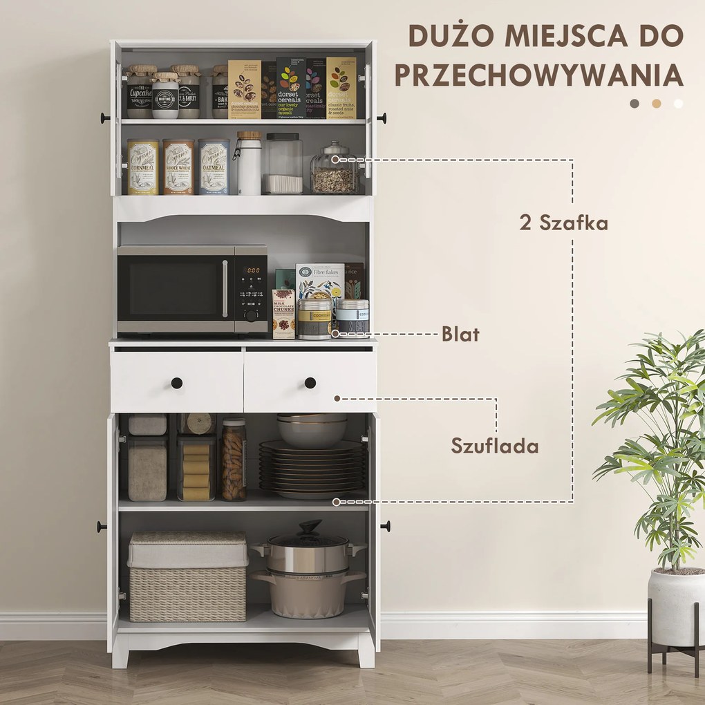 HOMCOM Biała szafka kuchenna wolnostojąca z blatem na mikrofalówkę i ekspres do kawy drzwi szklane | Aosom PL