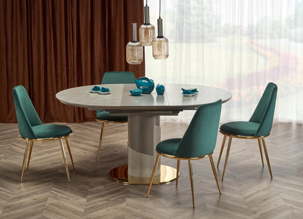 MUSCAT stół rozkładany 120-160/120/76 cm popielaty marmur, jasny popiel złoty glamour 5/8 os