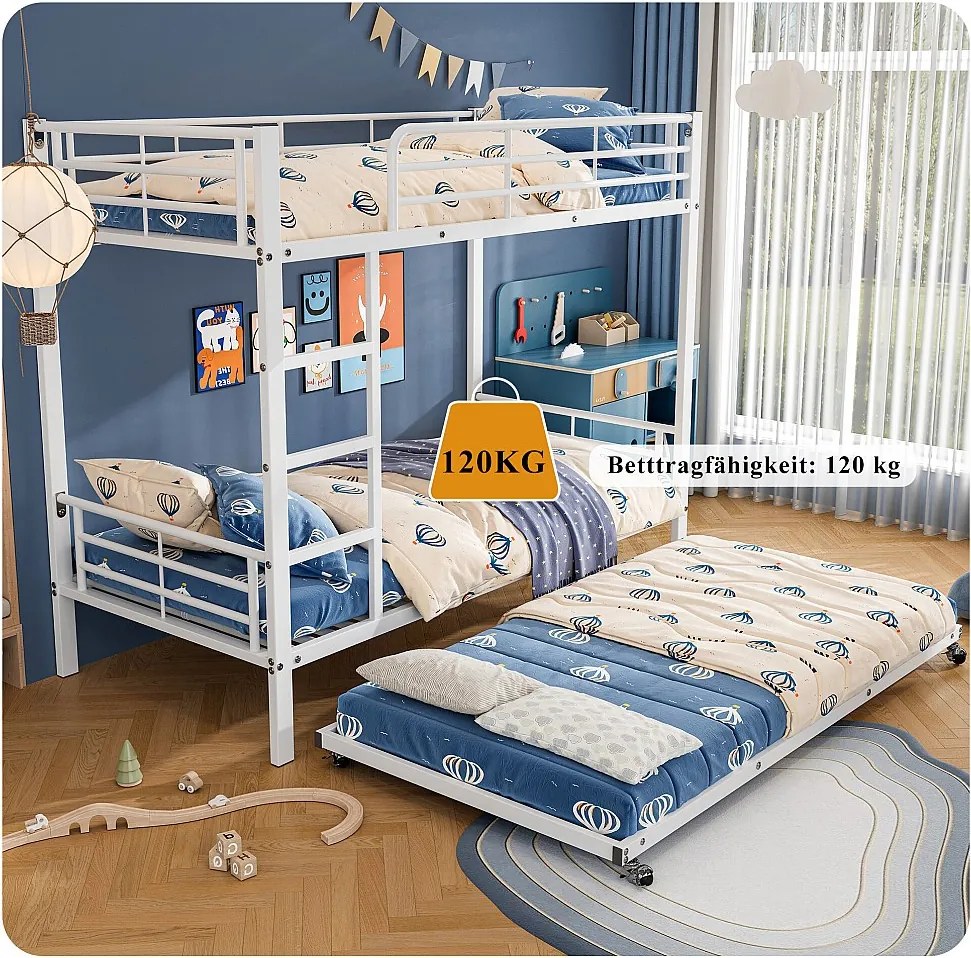 Łóżko piętrowe 90x200 cm i 90x190 cm - metalowe - białe - materac nie jest wliczony w cenę