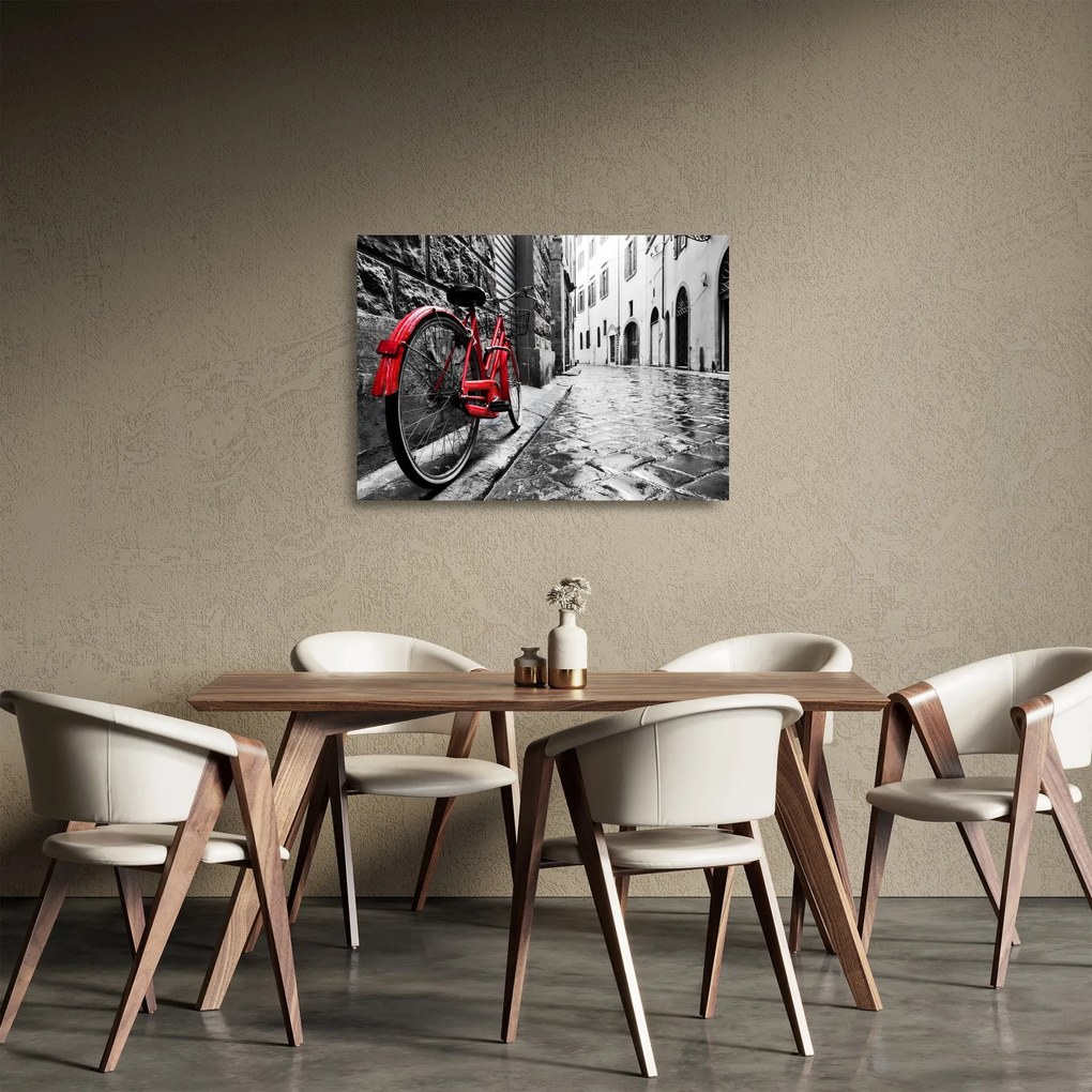 Obraz na szkle czerwonego roweru na brukowanej uliczce (70x50 cm)