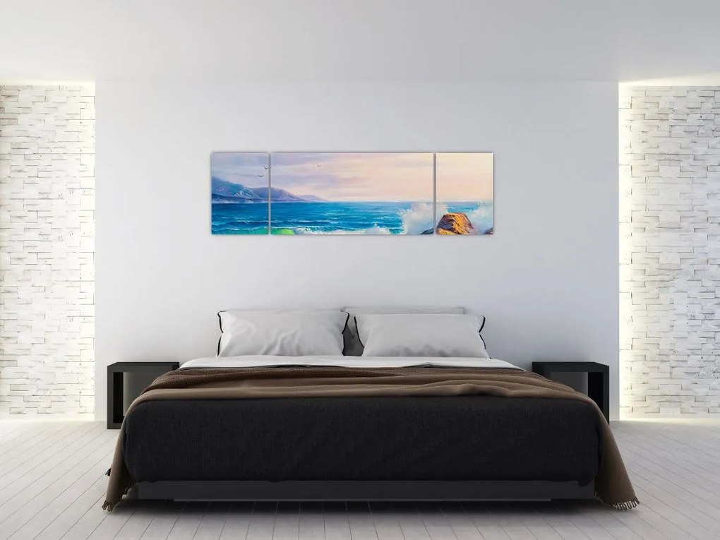 Obraz fal uderzających w klify, obraz olejny (170x50 cm)