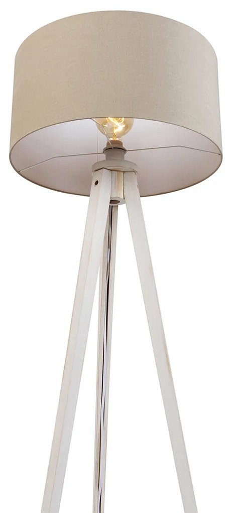 Lampa podłogowa trójnóg biała z jasnobrązowym abażurem z tkaniny 50 cm - Tripod Classic Rustykalny / Vintage Oswietlenie wewnetrzne