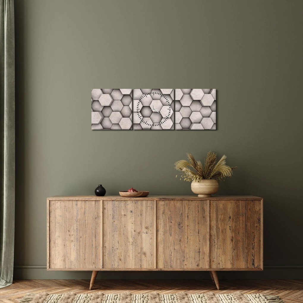 Obraz - Sześciokąty w betonie (z zegarem) (90x30 cm)