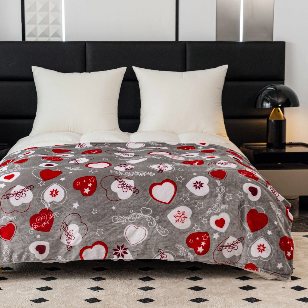 Świąteczny koc z mikropluszuy CHRISTMAS HEART szary Rozmiar: 200 x 220 cm