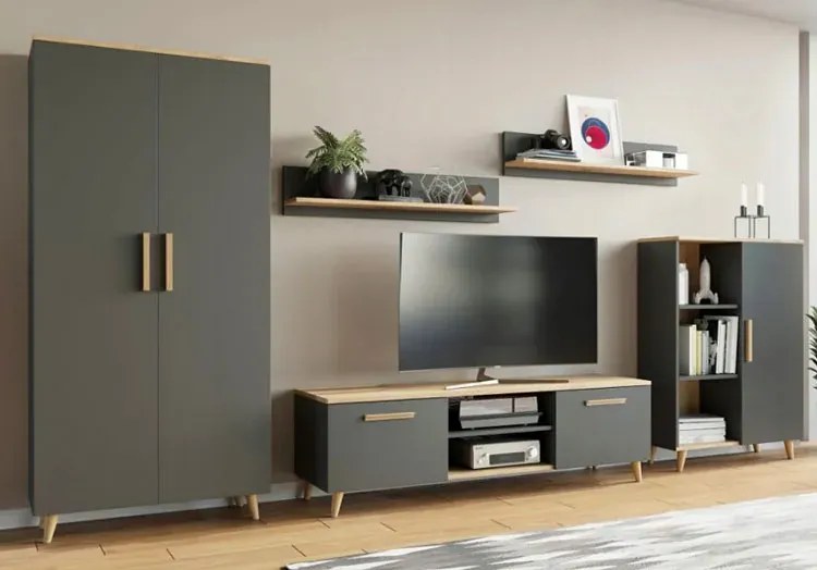 Komplet mebli do salonu z szafą antracyt + dąb artisan L2-G16