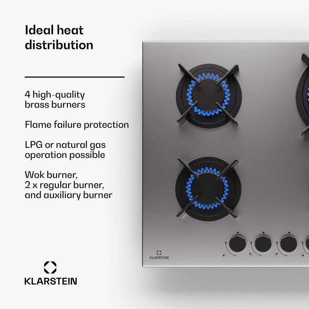 Klarstein Goldflame 4, płyta gazowa, 4-palnikowa, samowystarczalna, gaz ziemny/propan, stal nierdzewna
