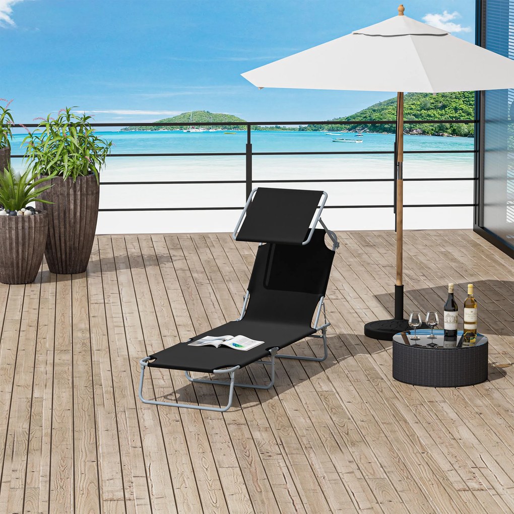Outsunny Leżak ogrodowy składany z daszkiem przeciwsłonecznym idealny na plażę czarny 187x58x36 cm | Aosom PL